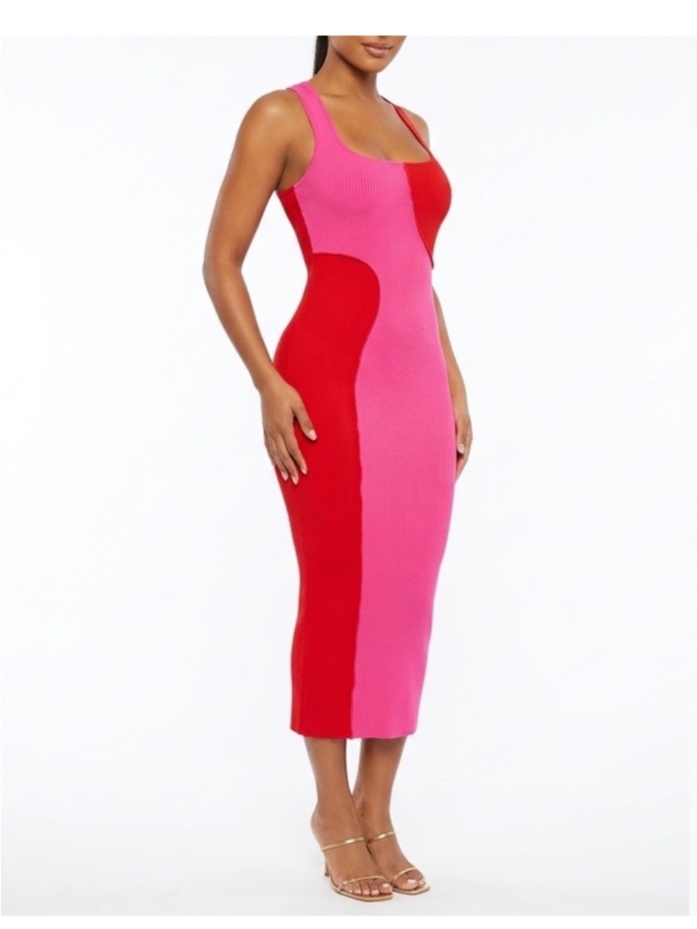 Naked Wardrobe Ribbed Colorblock Dress – Pink/Red Bodycon | Barbiecore Statement